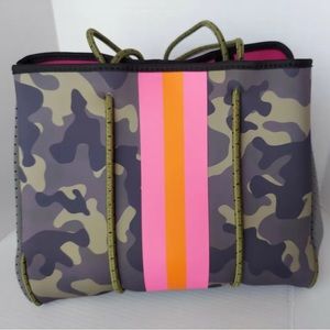 GRETCHEN Camo Neoprene Tote Purse With Pink Orange Stripe & Cosmetic Bag